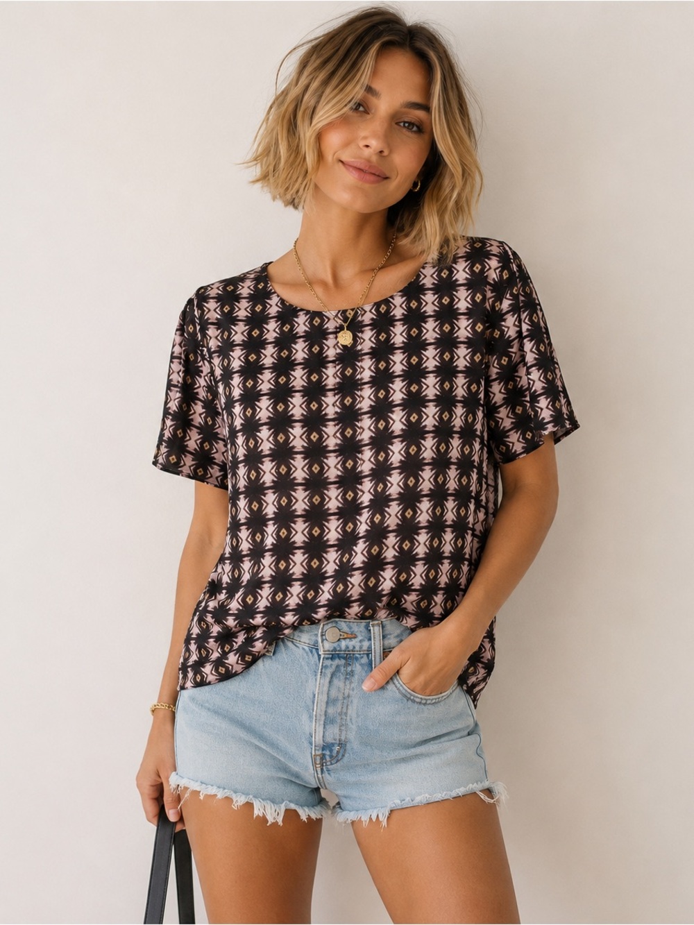 J. Crew Blouse 8 Brown Pink Pleat Front Short‎ Sleeve Popover Top